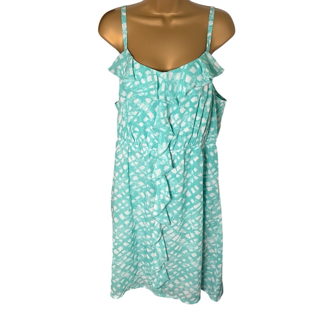 Lane Bryant Sleeveless Ruffle Front Dress Abstract Print Teal White 14/16
